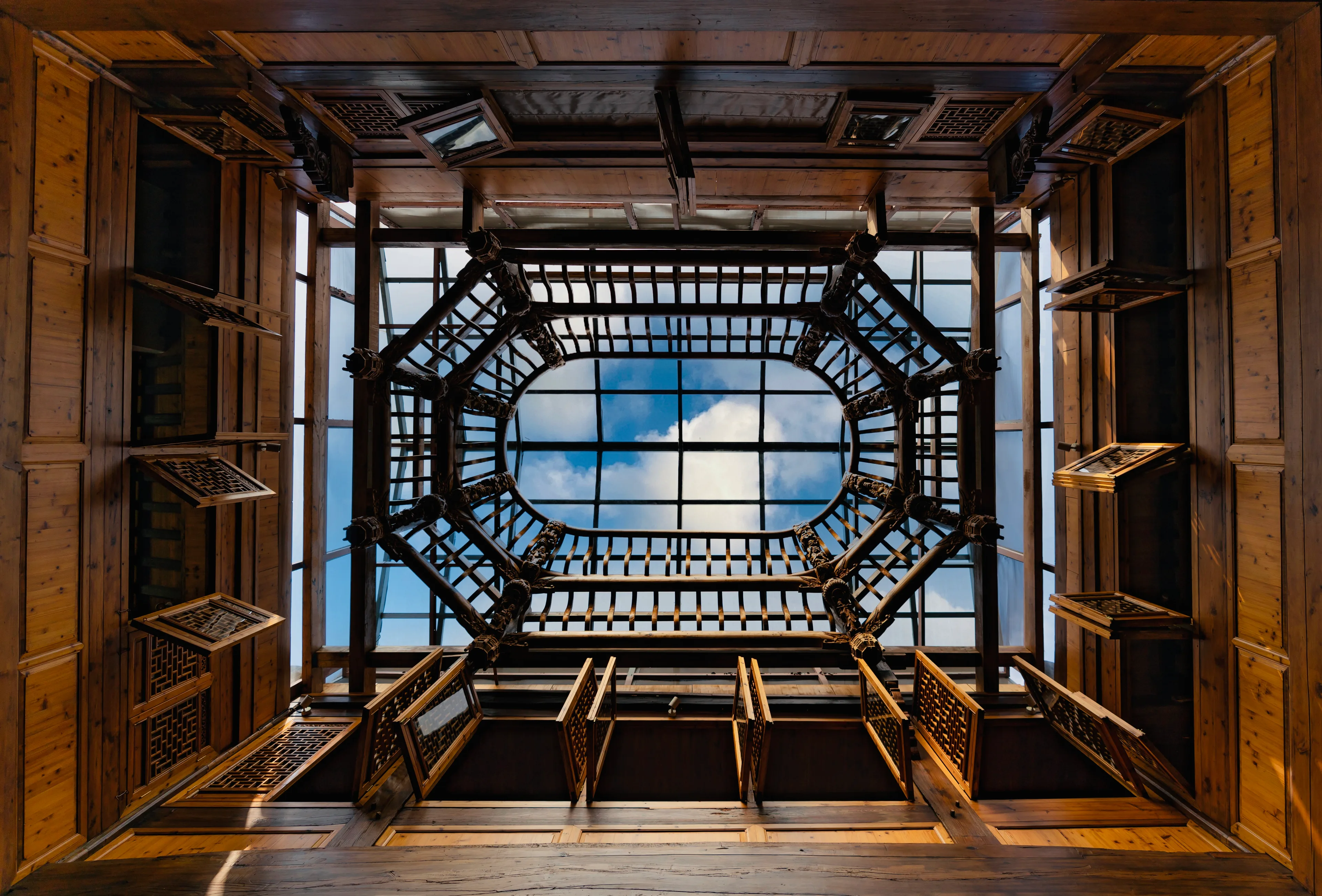 Wooden courtyard architecture in Xixinan Village, Anhui, viewed upward through window frames toward the sky.
