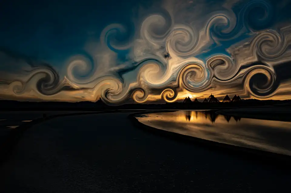 Sky reflection at Chaka Salt Lake, with clouds and blue sky mirrored in shallow water.
